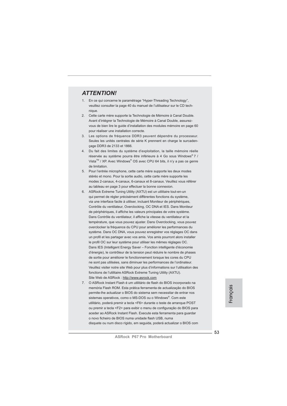 Attention, Français | ASRock P67 Pro User Manual | Page 53 / 245