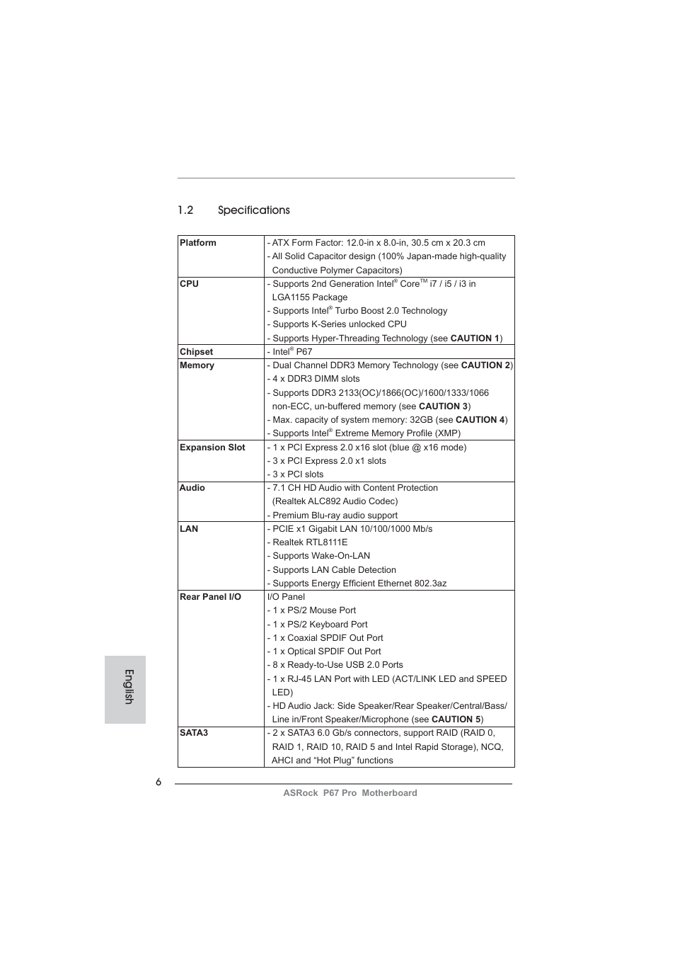 English 1.2 specifications | ASRock P67 Pro User Manual | Page 6 / 245