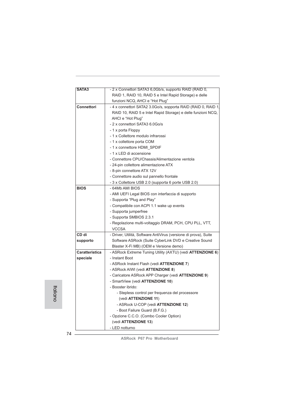 Italiano | ASRock P67 Pro User Manual | Page 74 / 245
