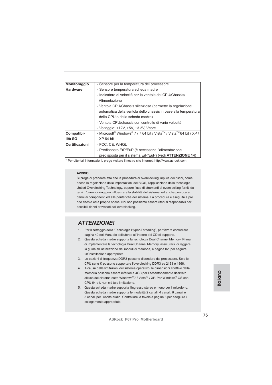 Attenzione, Italiano | ASRock P67 Pro User Manual | Page 75 / 245
