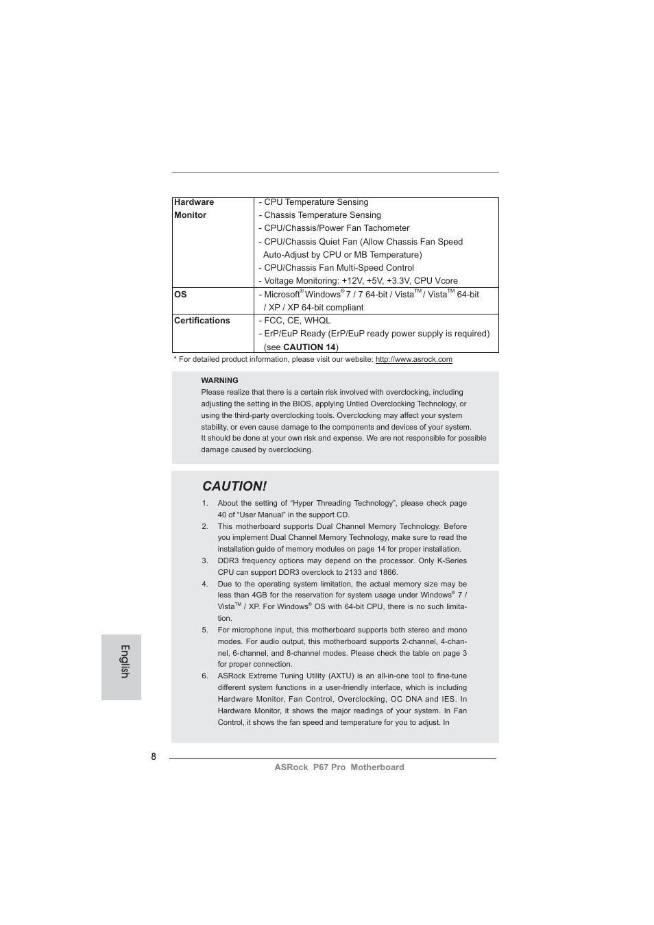 Caution, English | ASRock P67 Pro User Manual | Page 8 / 245