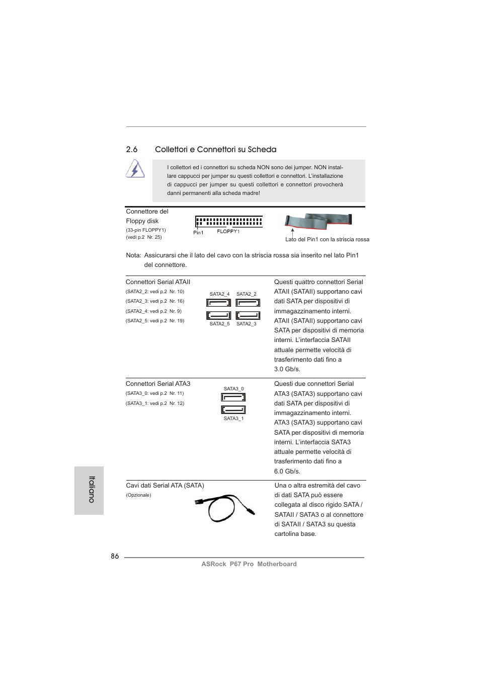 6 collettori e connettori su scheda, Italiano | ASRock P67 Pro User Manual | Page 86 / 245