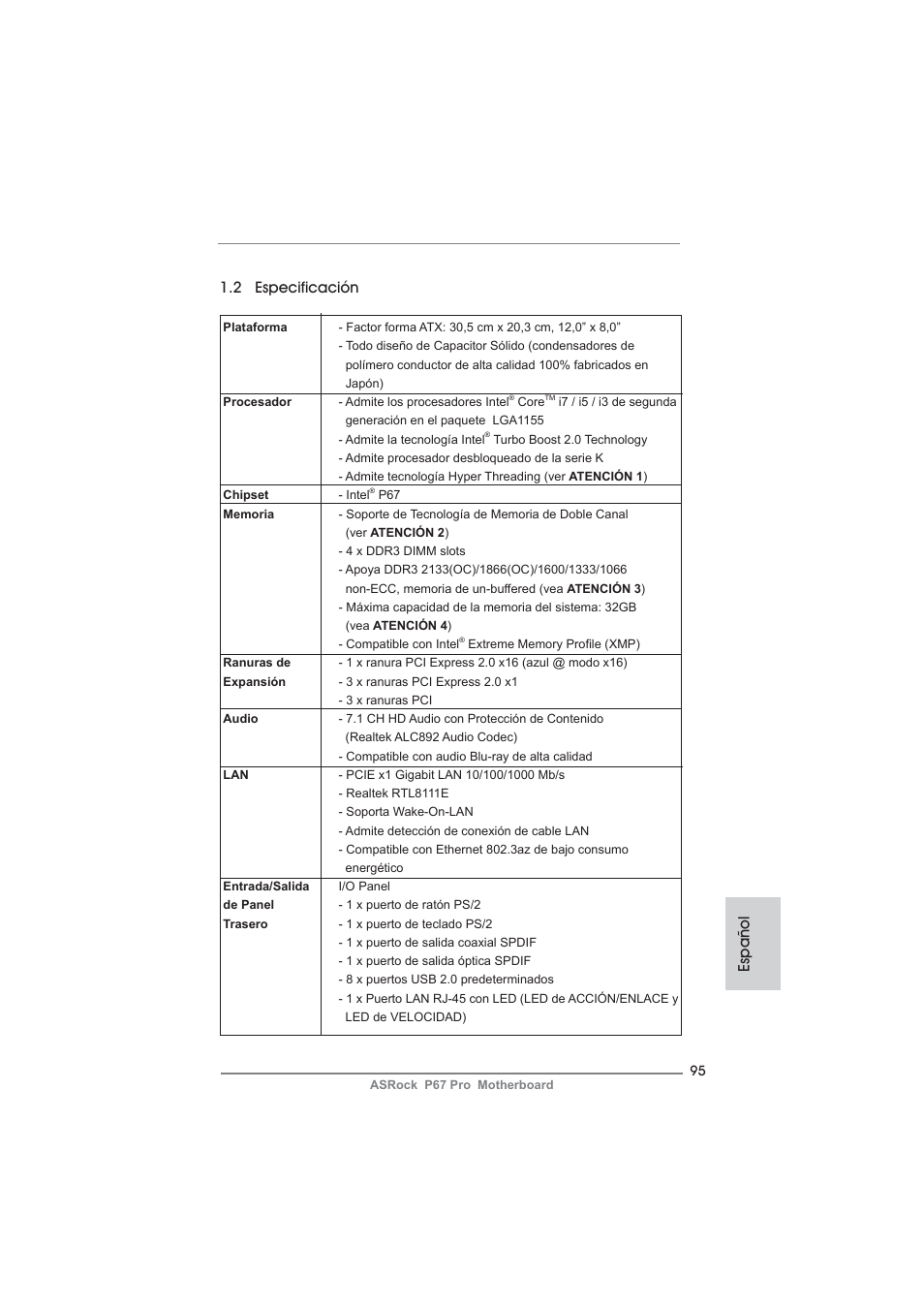 2 especificación, Español | ASRock P67 Pro User Manual | Page 95 / 245