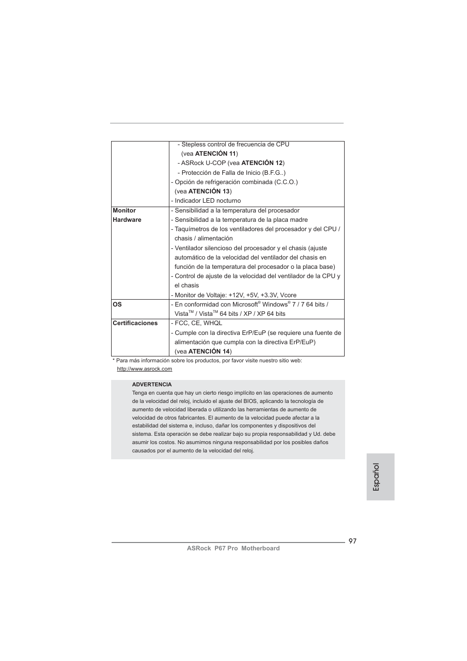 Español | ASRock P67 Pro User Manual | Page 97 / 245