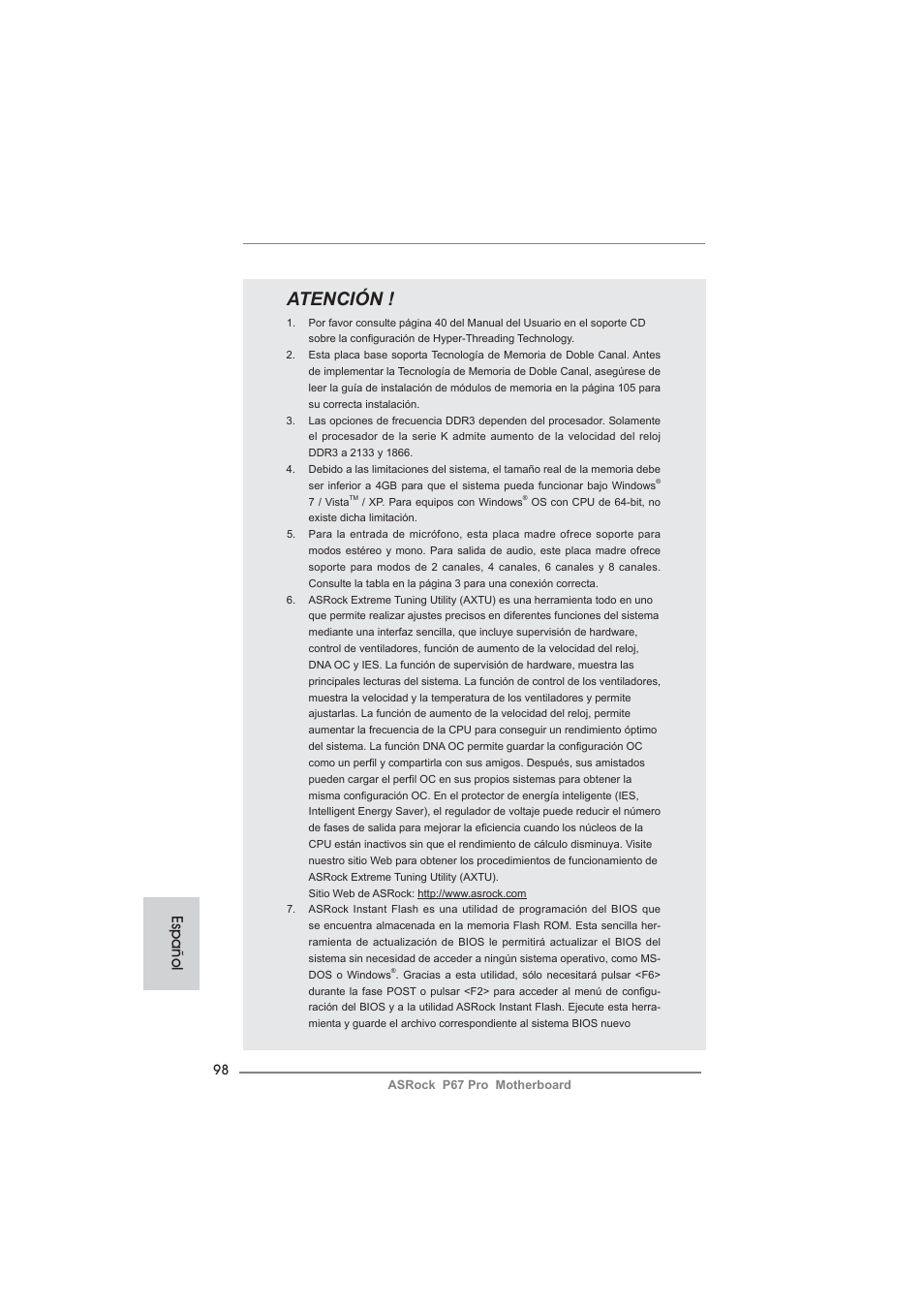 Atención, Español | ASRock P67 Pro User Manual | Page 98 / 245