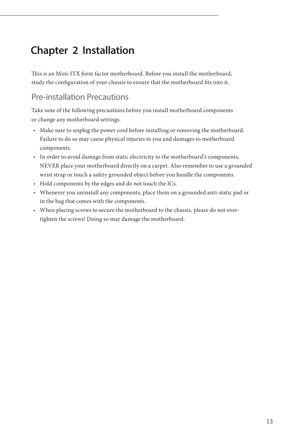 Chapter 2 installation, Pre-installation precautions | ASRock B85M-ITX User Manual | Page 14 / 159