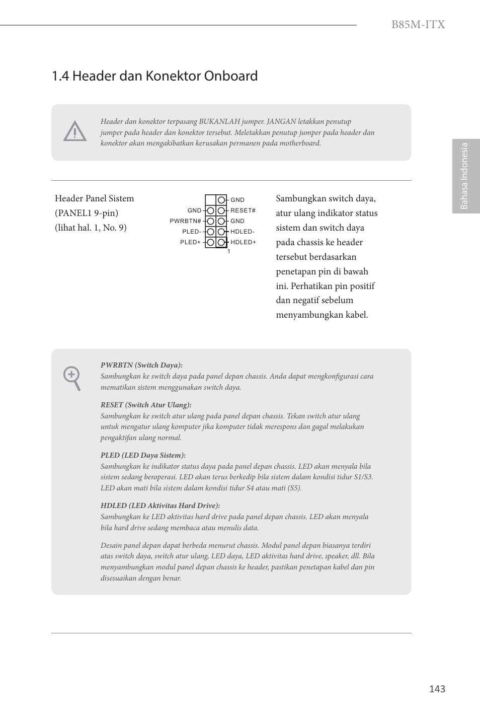 4 header dan konektor onboard, B85m-itx, Bahasa i ndonesia | ASRock B85M-ITX User Manual | Page 144 / 159