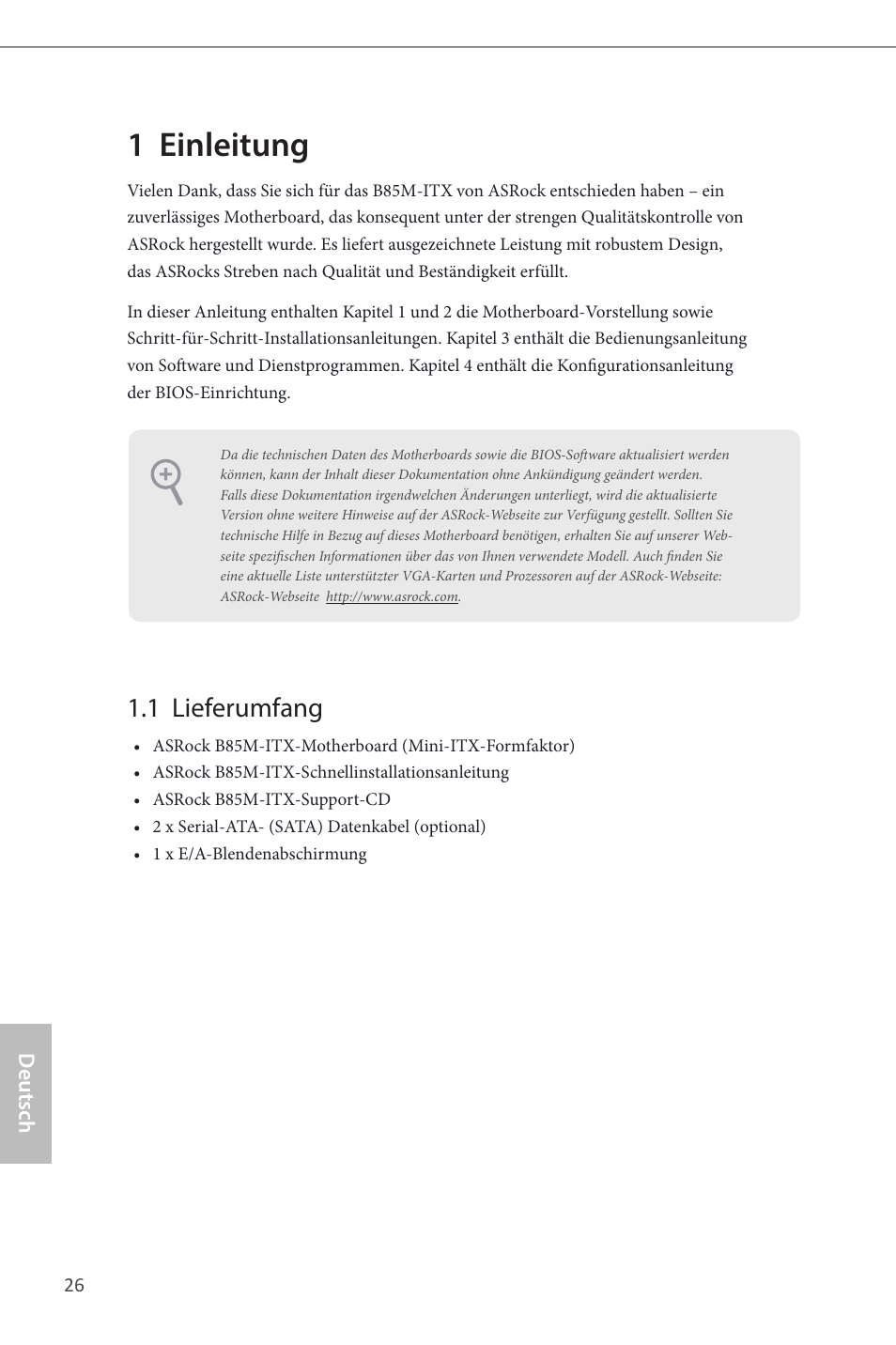 German, 1 einleitung, 1 lieferumfang | ASRock B85M-ITX User Manual | Page 27 / 159