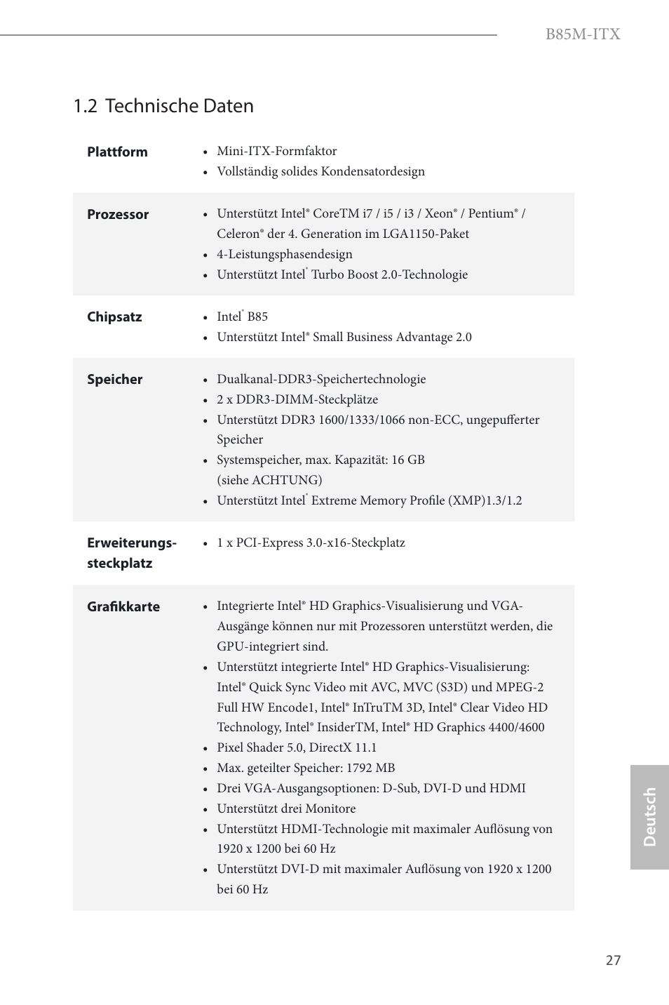 2 technische daten, B85m-itx, Deutsch | ASRock B85M-ITX User Manual | Page 28 / 159