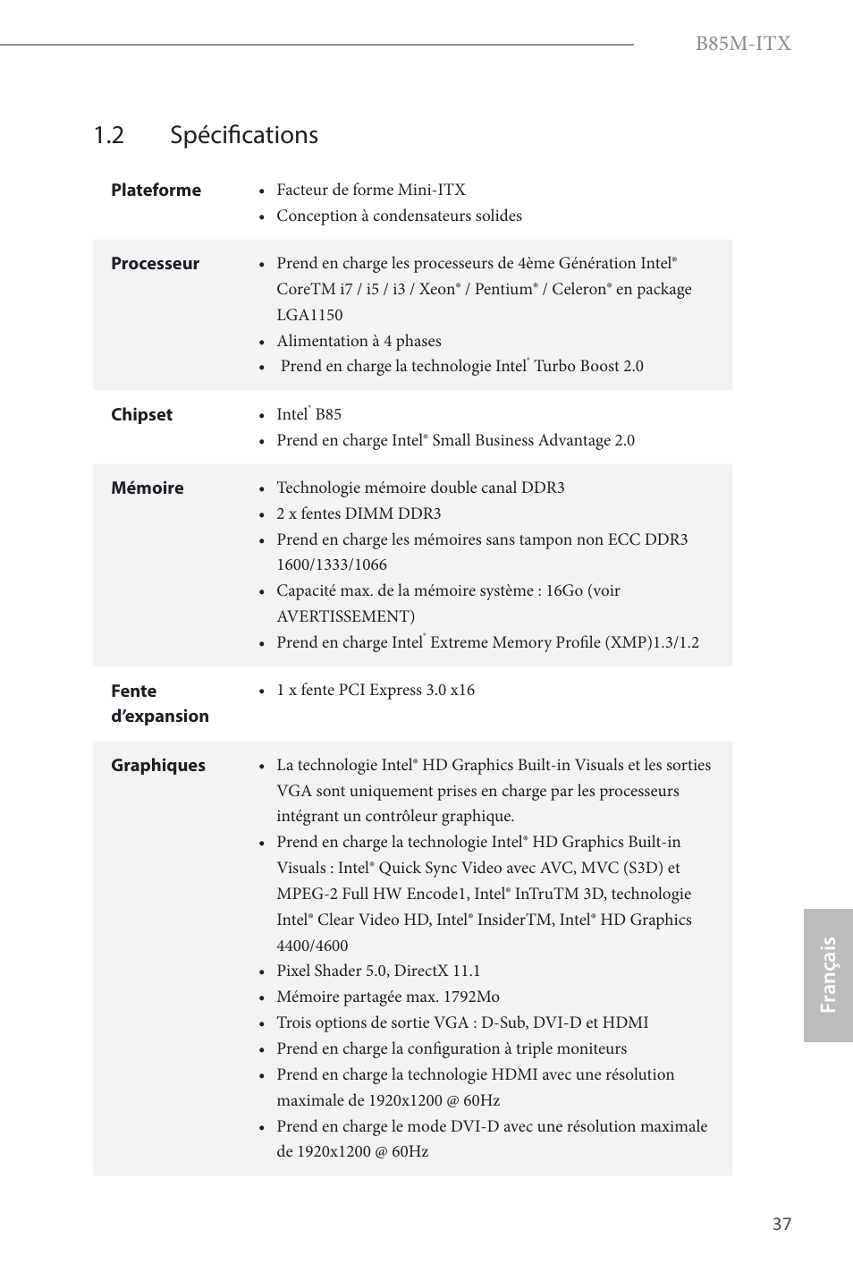 2 spécifications, B85m-itx, Fr ançais français | ASRock B85M-ITX User Manual | Page 38 / 159