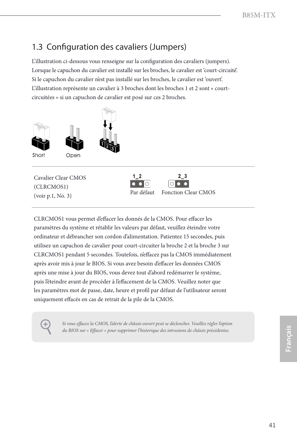 3 configuration des cavaliers (jumpers) | ASRock B85M-ITX User Manual | Page 42 / 159