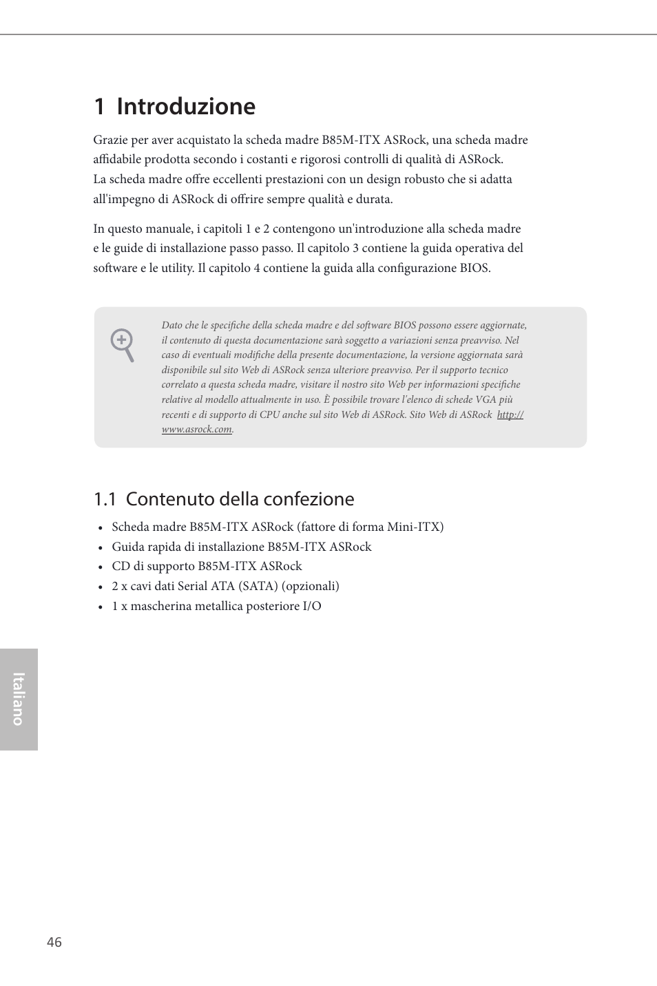 Italian, 1 introduzione, 1 contenuto della confezione | ASRock B85M-ITX User Manual | Page 47 / 159
