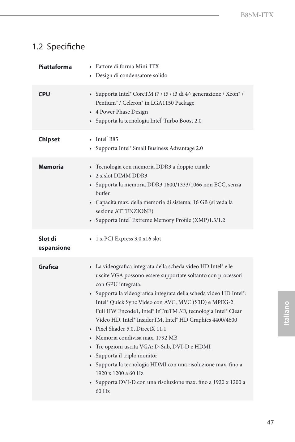 2 specifiche, B85m-itx, Italiano | ASRock B85M-ITX User Manual | Page 48 / 159