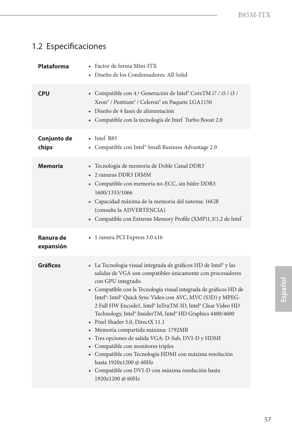 2 especificaciones, B85m-itx, Español | ASRock B85M-ITX User Manual | Page 58 / 159