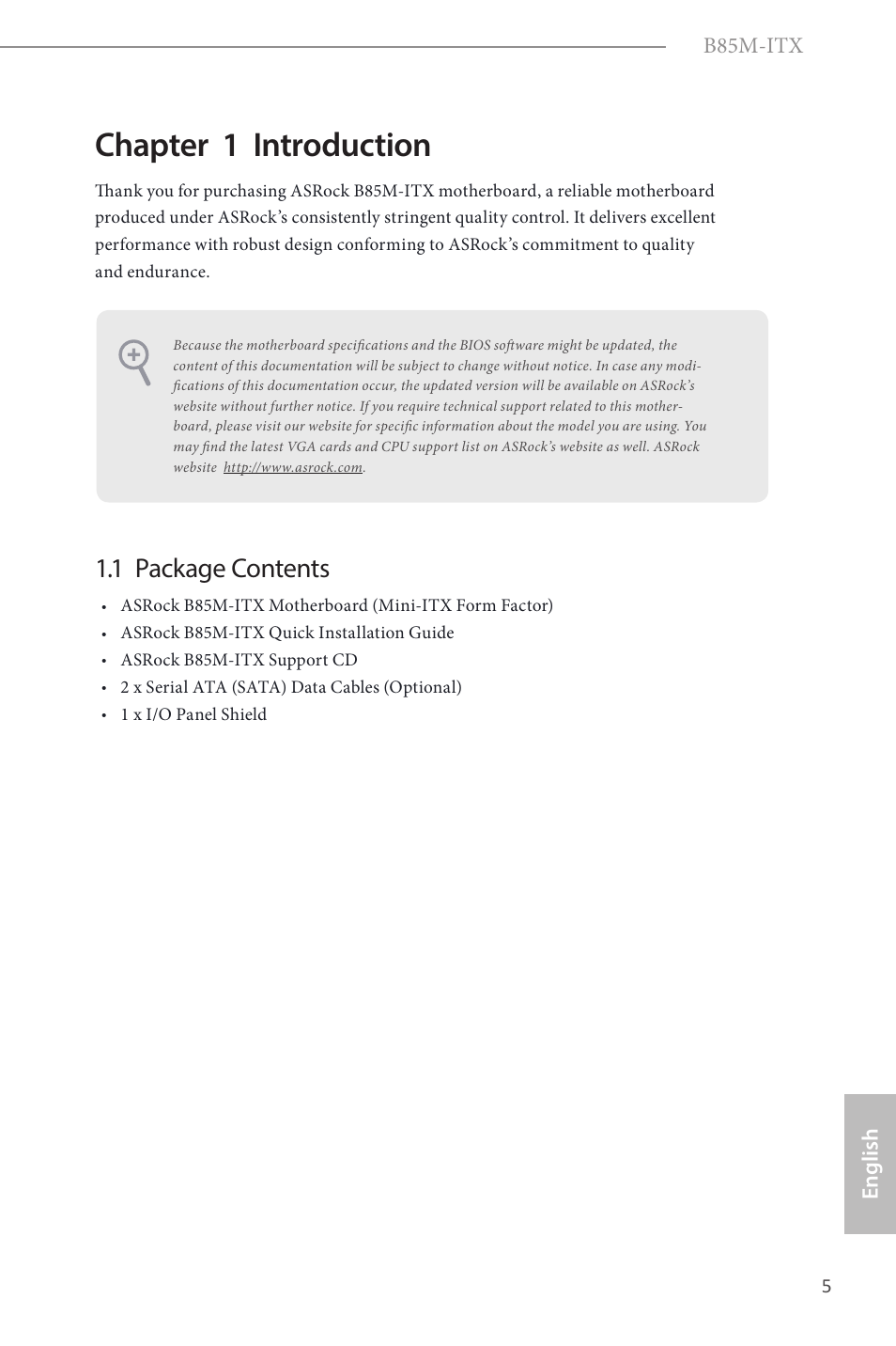 Chapter 1 introduction, 1 package contents | ASRock B85M-ITX User Manual | Page 6 / 159