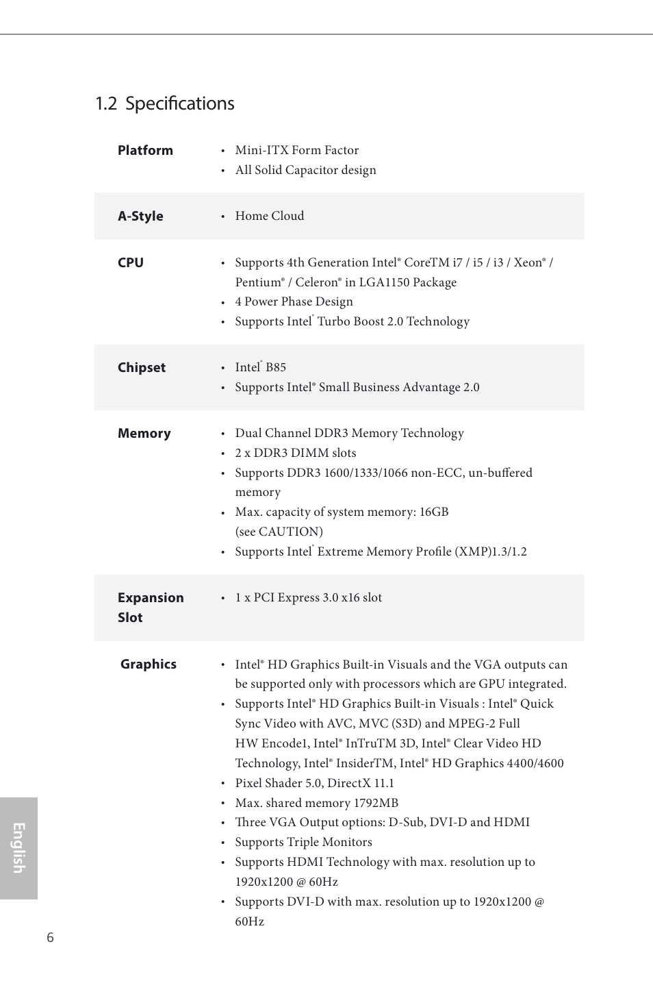 2 specifications, English | ASRock B85M-ITX User Manual | Page 7 / 159