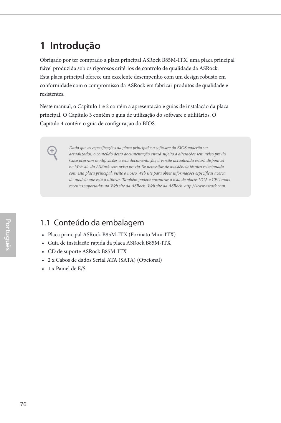 Portuguese, 1 introdução, 1 conteúdo da embalagem | ASRock B85M-ITX User Manual | Page 77 / 159
