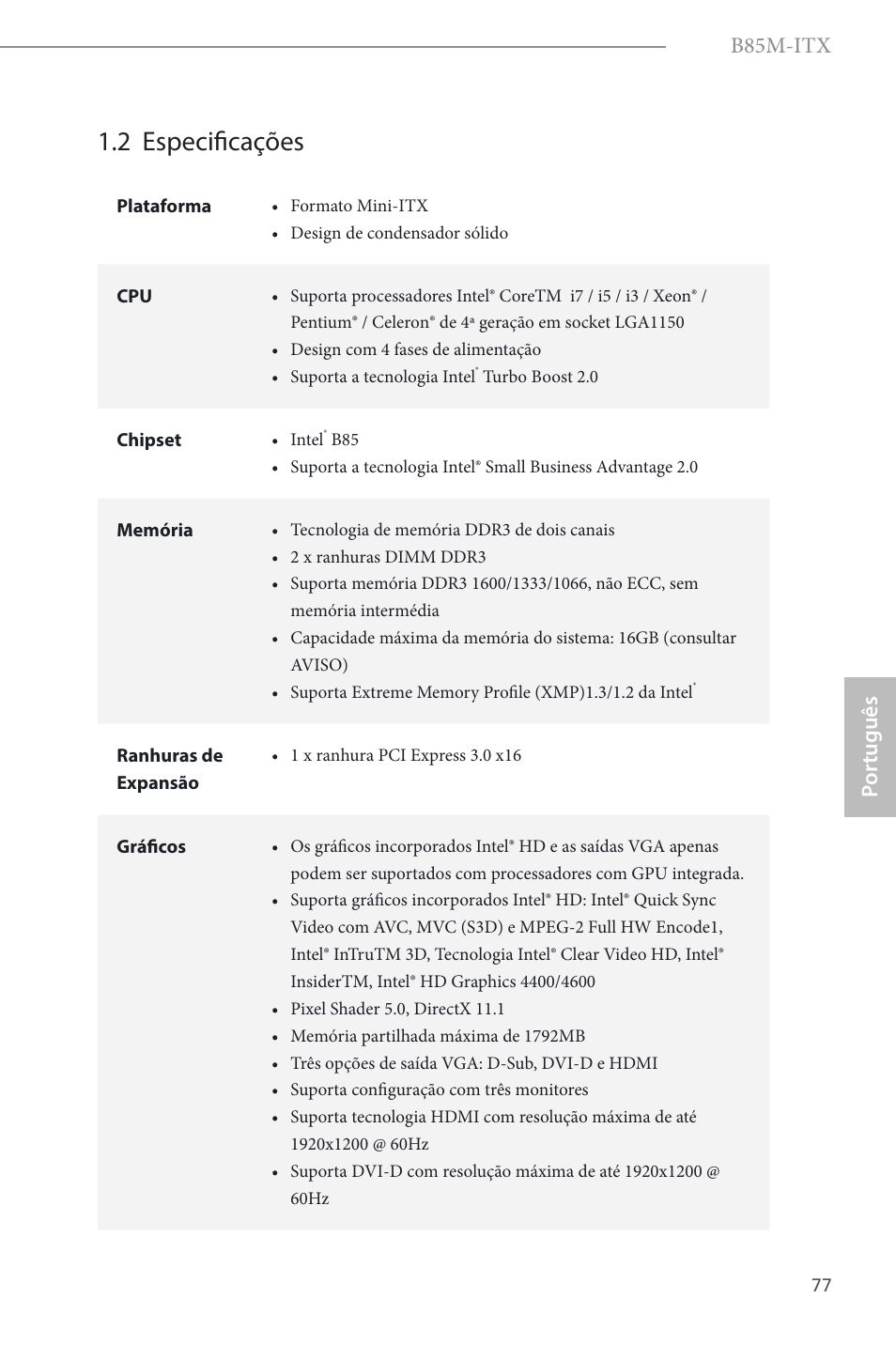2 especificações, B85m-itx, Por tuguês | ASRock B85M-ITX User Manual | Page 78 / 159