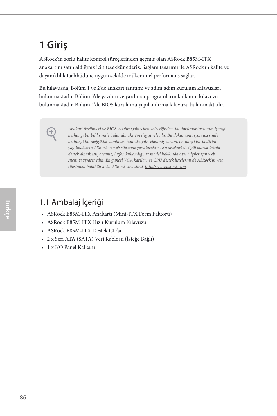 Turkish, 1 giriş, 1 ambalaj içeriği | ASRock B85M-ITX User Manual | Page 87 / 159