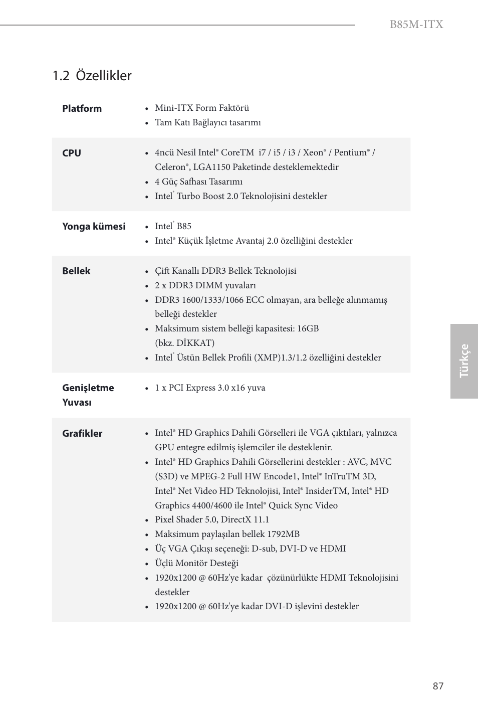 2 özellikler, B85m-itx, Türk çe | ASRock B85M-ITX User Manual | Page 88 / 159