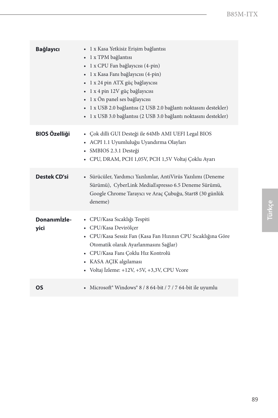B85m-itx, Türk çe | ASRock B85M-ITX User Manual | Page 90 / 159