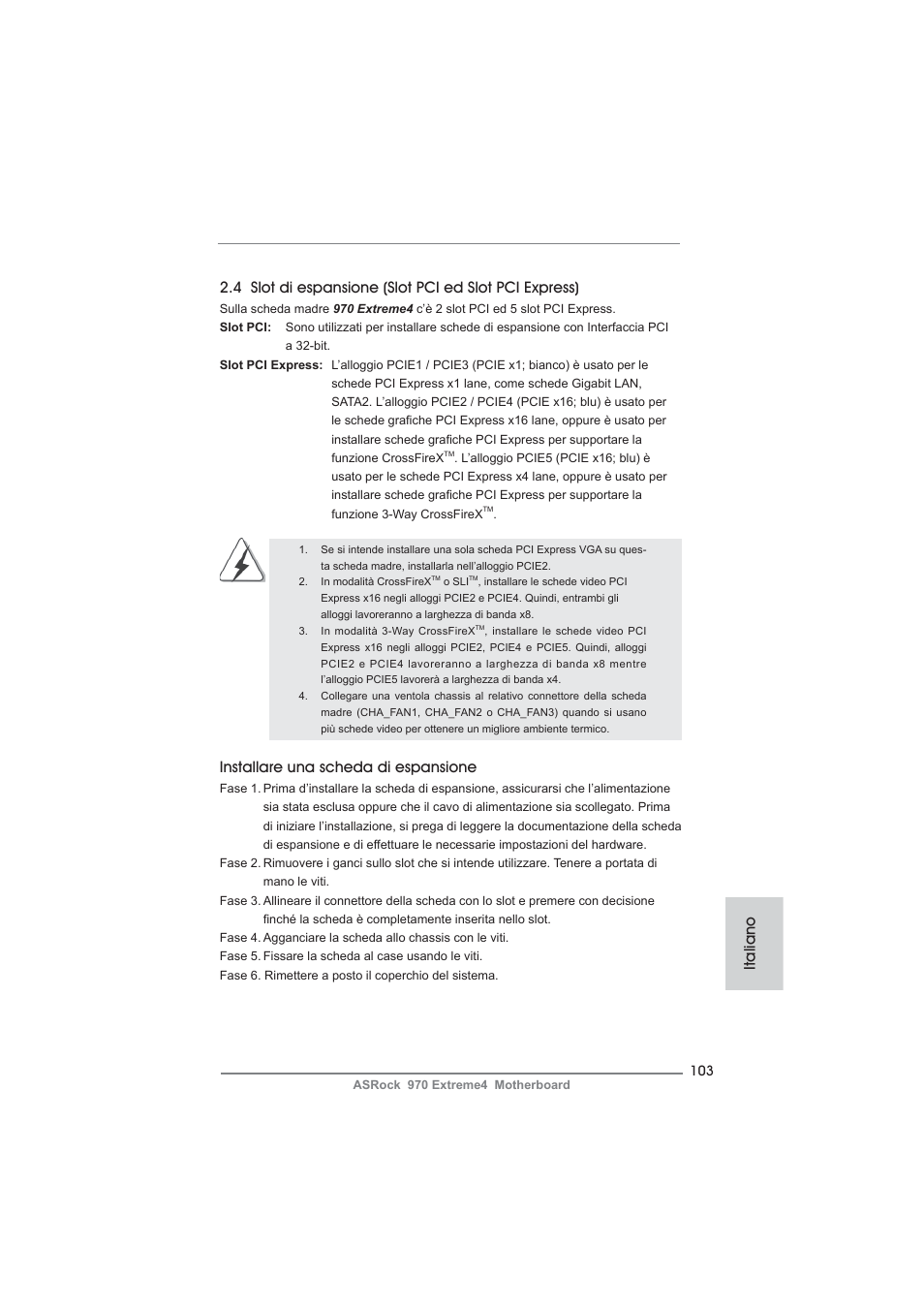 Installare una scheda di espansione, Italiano | ASRock 970 Extreme4 User Manual | Page 103 / 283