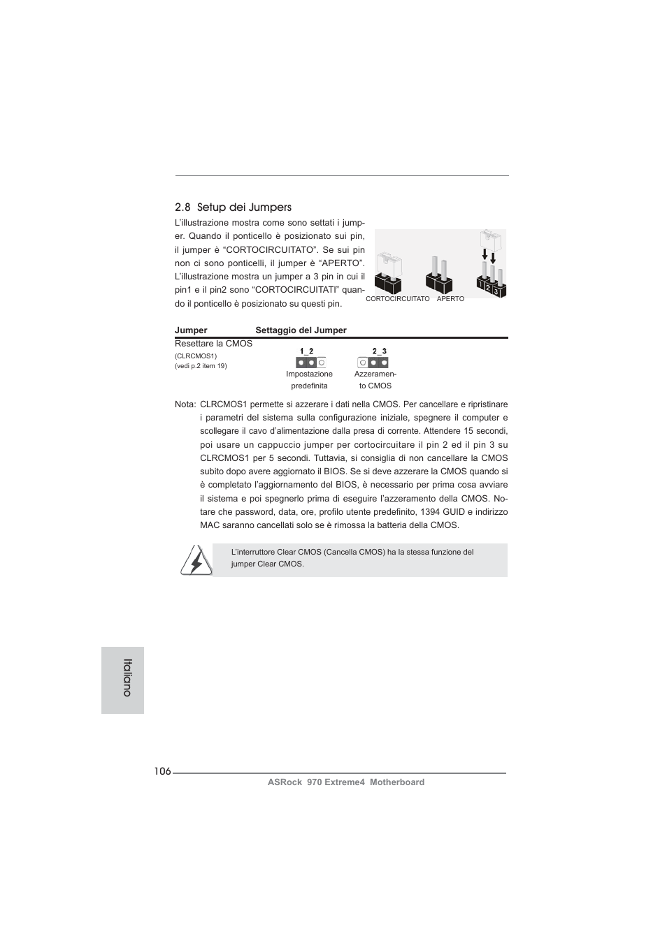 8 setup dei jumpers, Italiano | ASRock 970 Extreme4 User Manual | Page 106 / 283