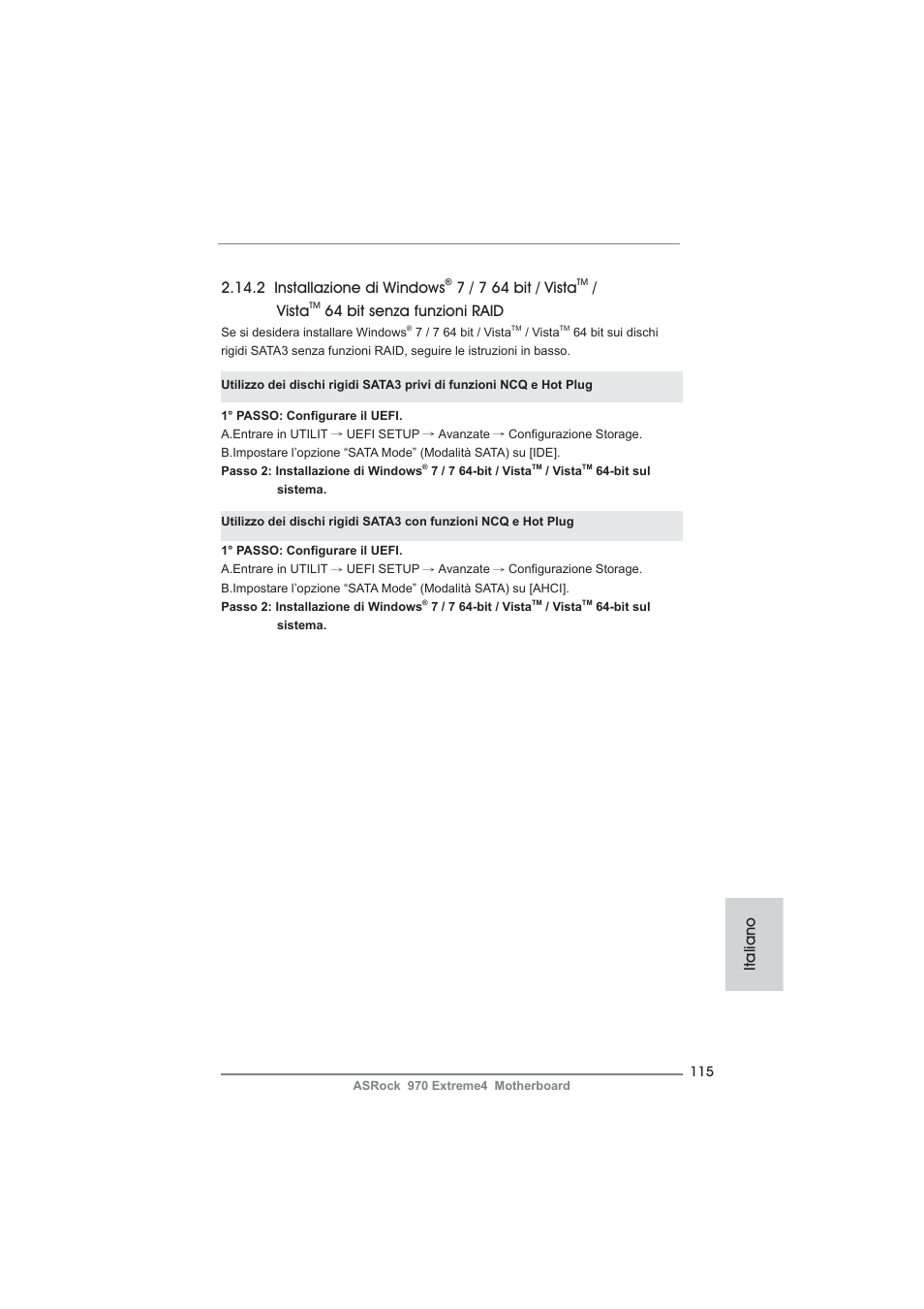 2 installazione di windows, 7 / 7 64 bit / vista, Vista | 64 bit senza funzioni raid, Italiano | ASRock 970 Extreme4 User Manual | Page 115 / 283