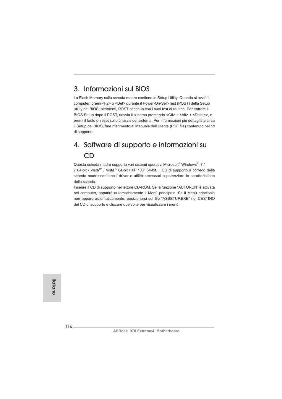 Informazioni sul bios, Software di supporto e informazioni su cd | ASRock 970 Extreme4 User Manual | Page 116 / 283