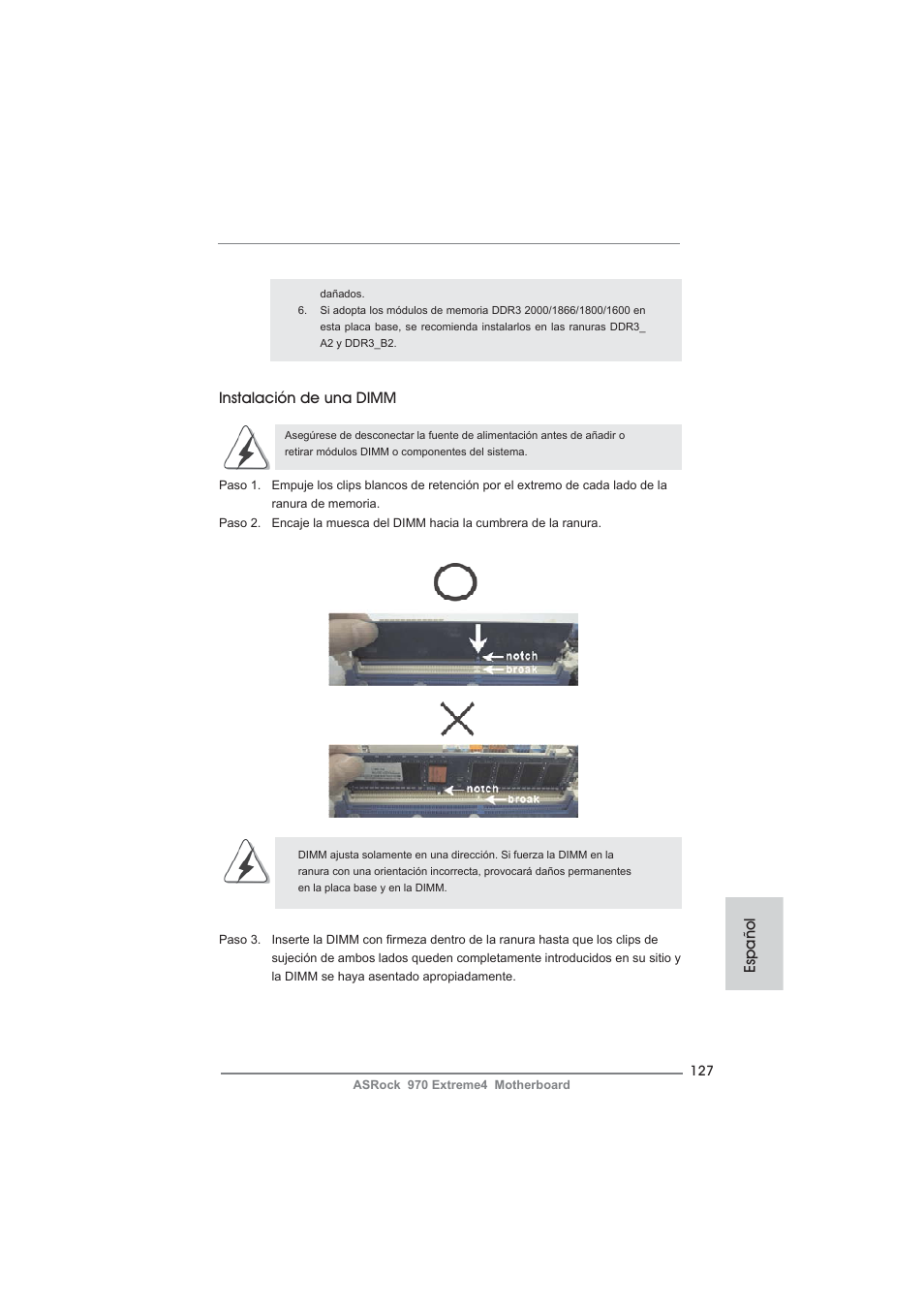 Instalación de una dimm, Español | ASRock 970 Extreme4 User Manual | Page 127 / 283