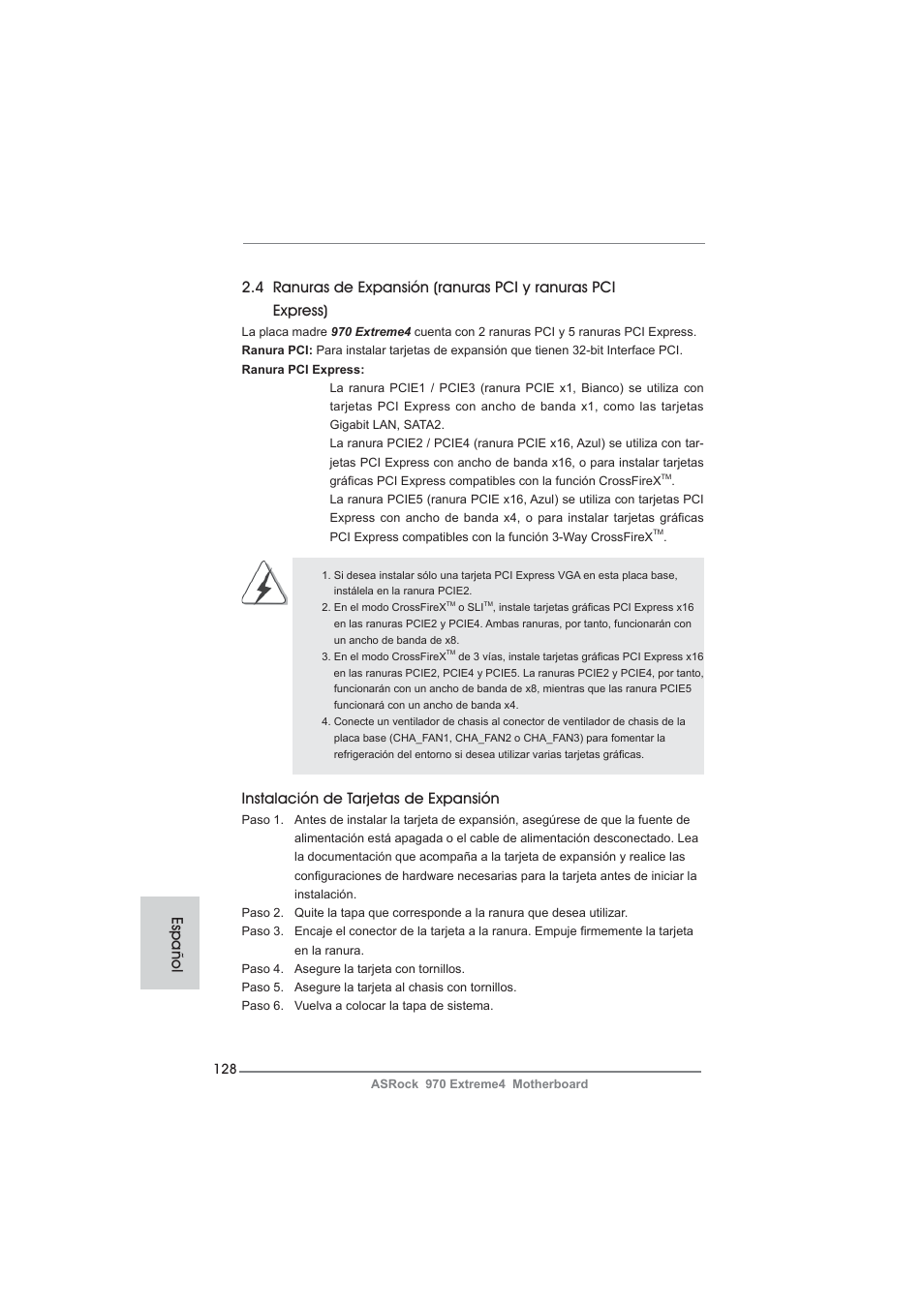 Instalación de tarjetas de expansión, Español | ASRock 970 Extreme4 User Manual | Page 128 / 283