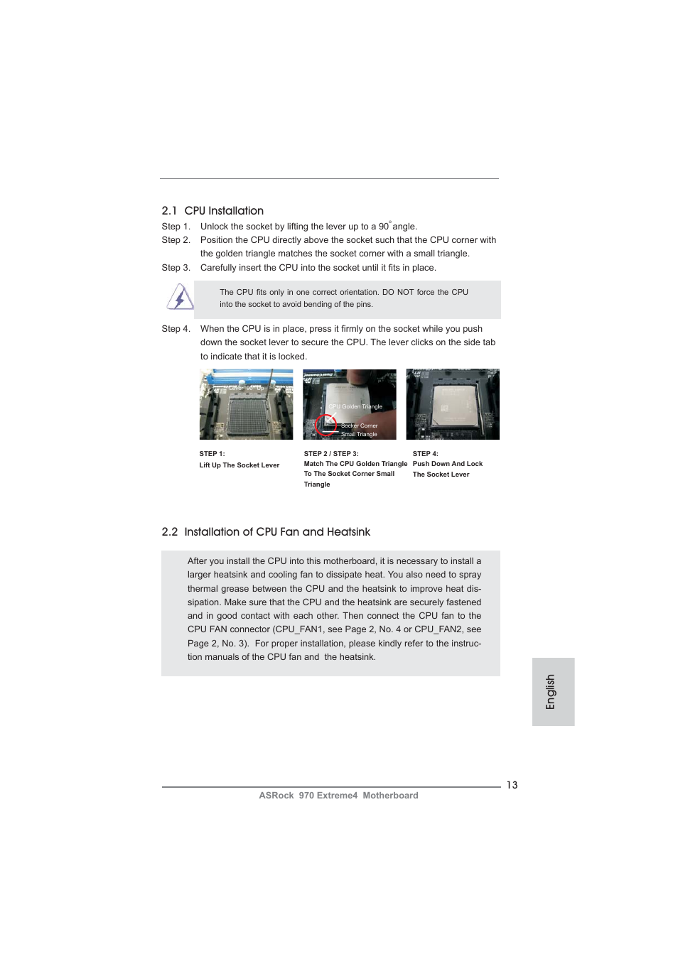 English 2.1 cpu installation, 2 installation of cpu fan and heatsink | ASRock 970 Extreme4 User Manual | Page 13 / 283