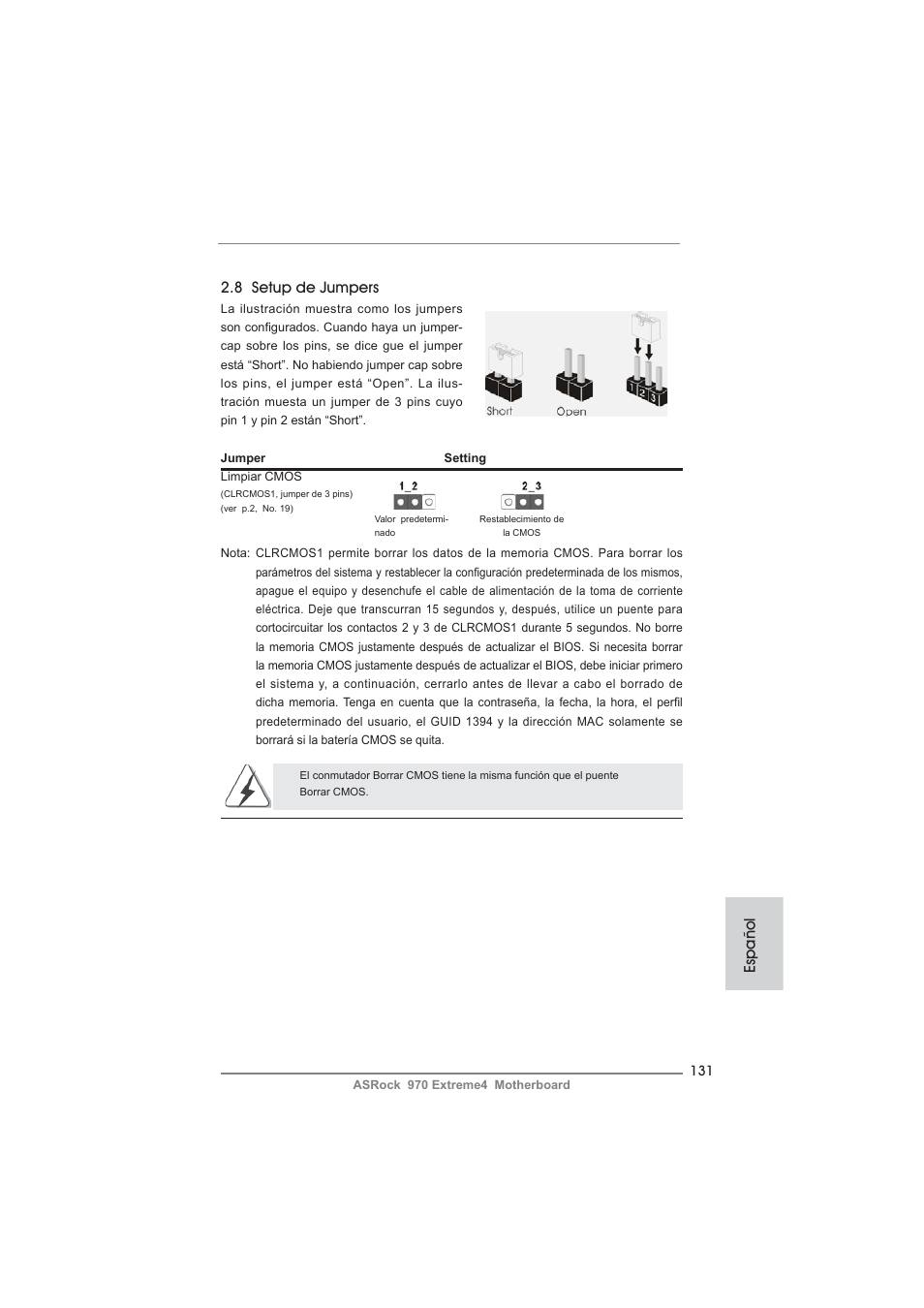 8 setup de jumpers, Español | ASRock 970 Extreme4 User Manual | Page 131 / 283