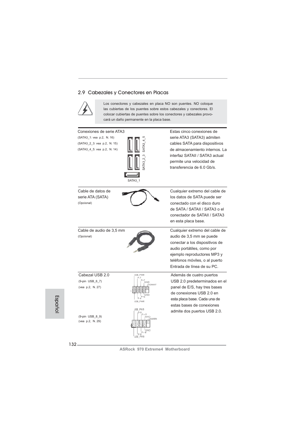 9 cabezales y conectores en placas, Español | ASRock 970 Extreme4 User Manual | Page 132 / 283