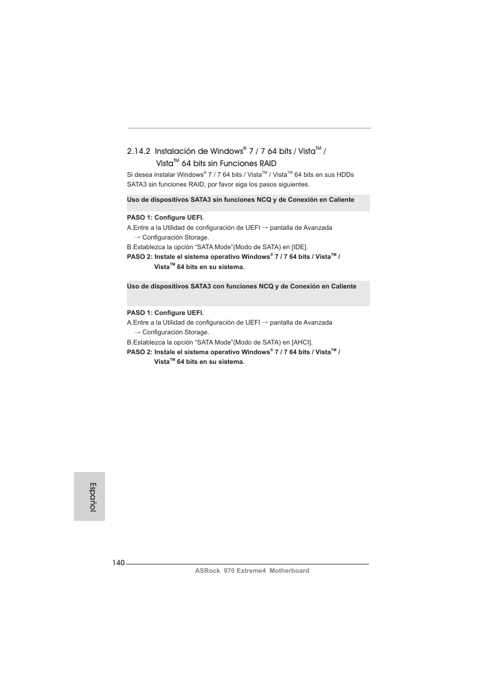 2 instalación de windows, 7 / 7 64 bits / vista, Vista | 64 bits sin funciones raid, Español | ASRock 970 Extreme4 User Manual | Page 140 / 283