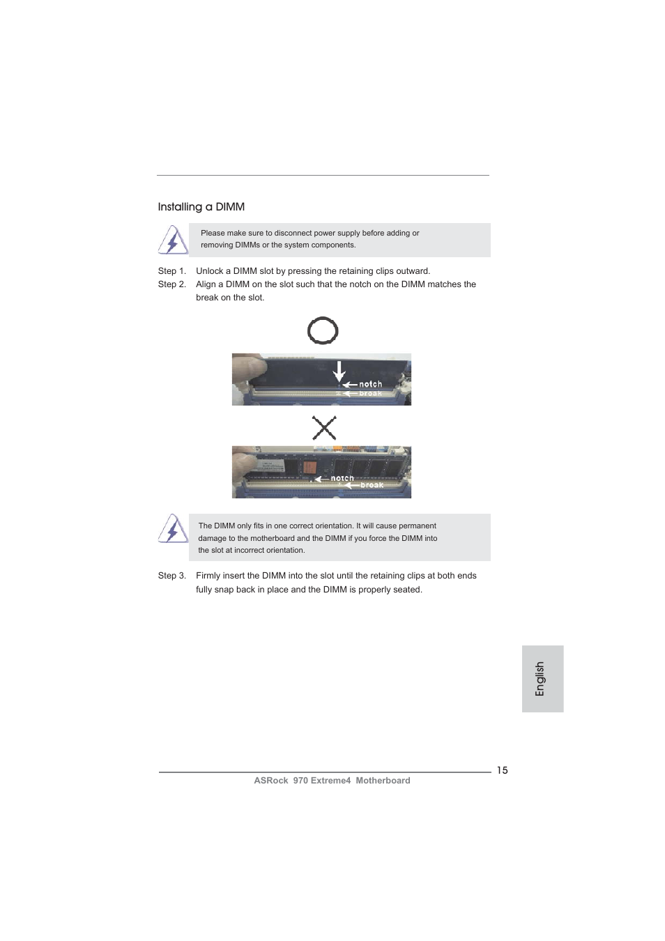 English installing a dimm | ASRock 970 Extreme4 User Manual | Page 15 / 283
