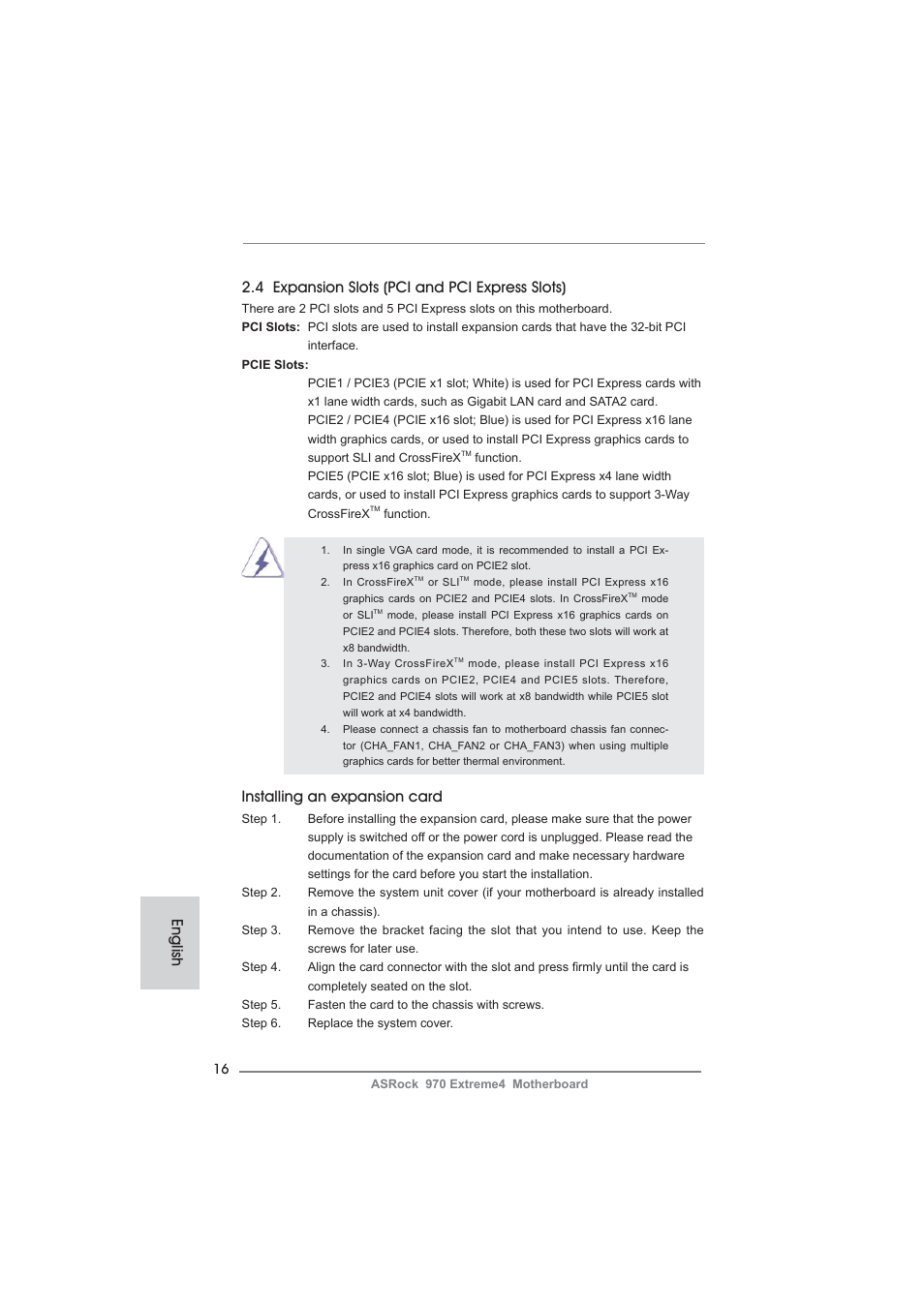4 expansion slots (pci and pci express slots), Installing an expansion card, English | ASRock 970 Extreme4 User Manual | Page 16 / 283
