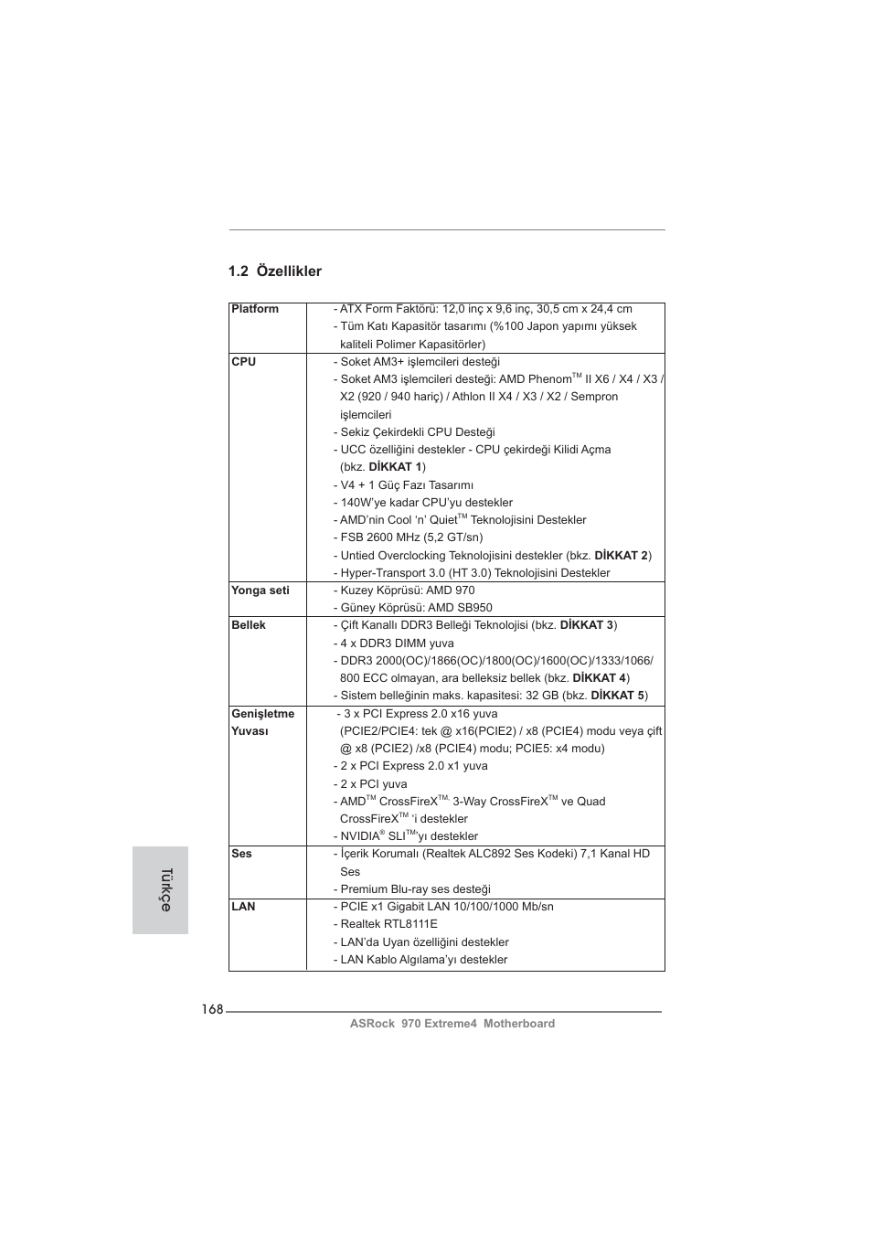 2 özellikler, Türkçe | ASRock 970 Extreme4 User Manual | Page 168 / 283