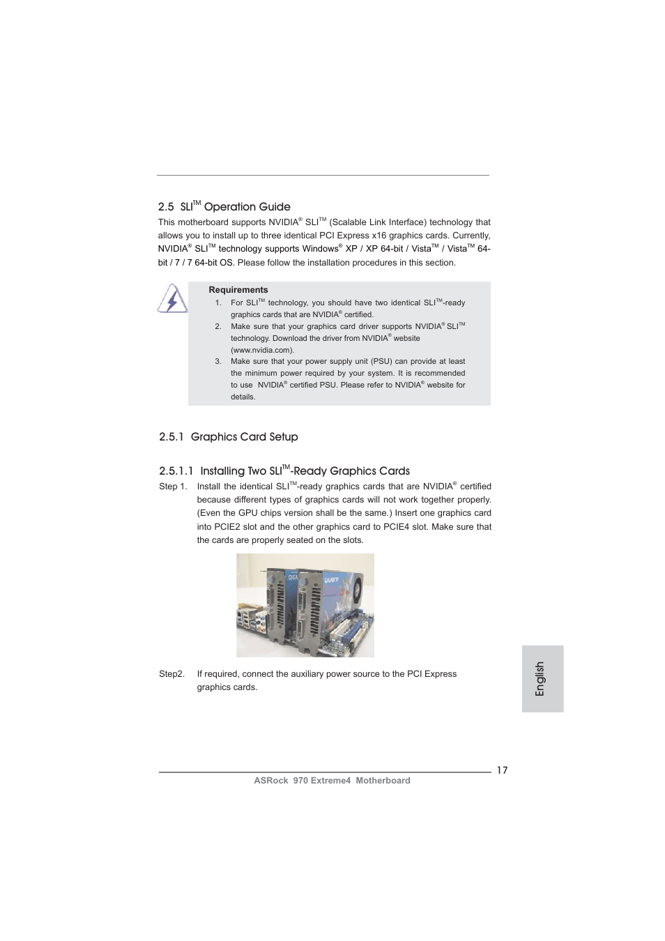 English 2.5 sli, Operation guide, Ready graphics cards | ASRock 970 Extreme4 User Manual | Page 17 / 283