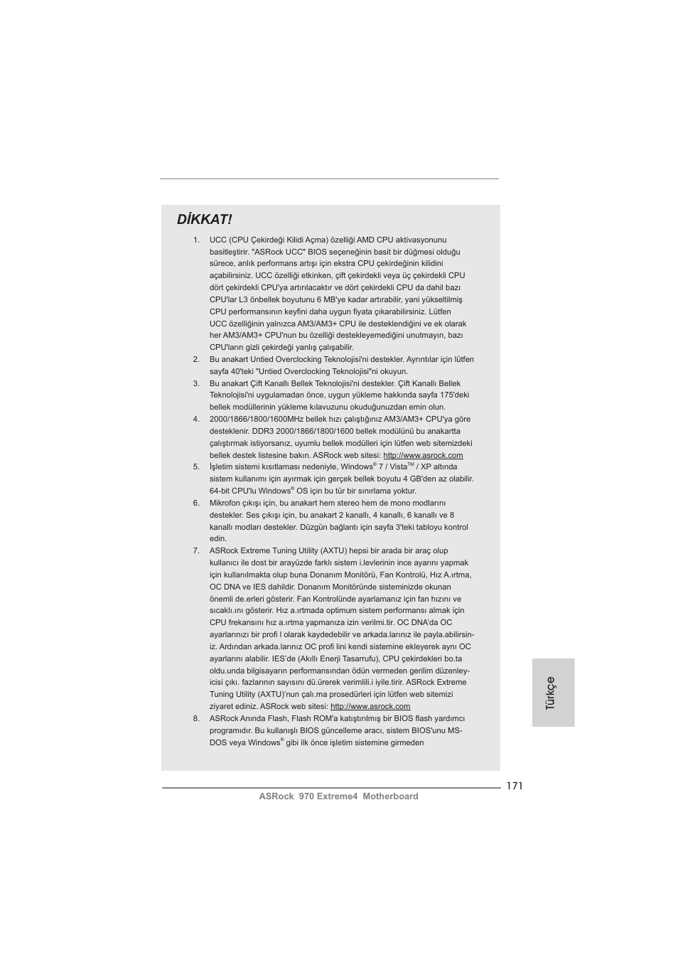 Dikkat, Türkçe | ASRock 970 Extreme4 User Manual | Page 171 / 283