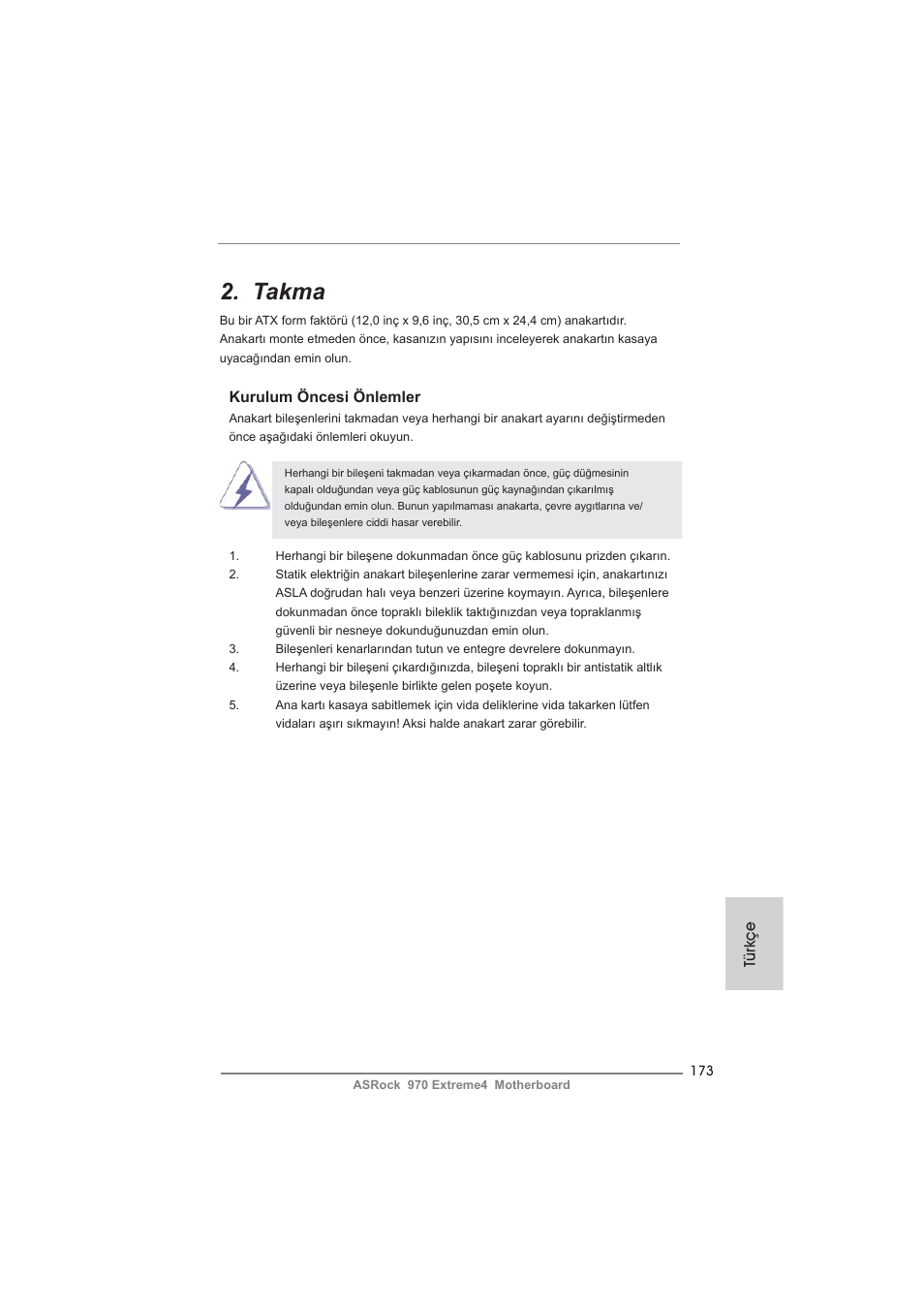 Takma, Kurulum öncesi önlemler, Türkçe | ASRock 970 Extreme4 User Manual | Page 173 / 283