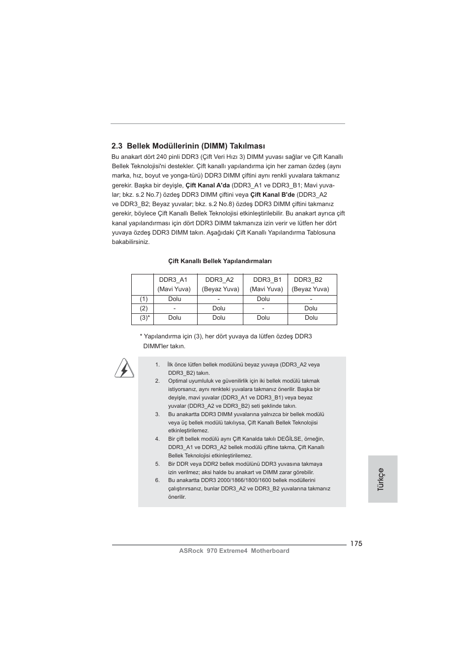 3 bellek modüllerinin (dimm) takılması, Türkçe | ASRock 970 Extreme4 User Manual | Page 175 / 283
