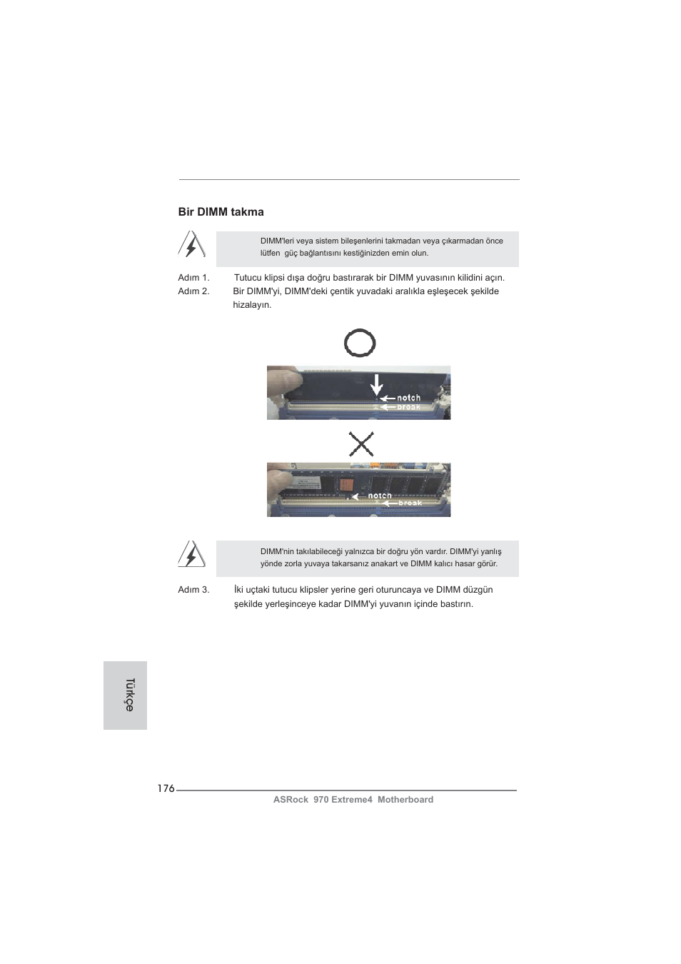 Bir dimm takma, Türkçe | ASRock 970 Extreme4 User Manual | Page 176 / 283