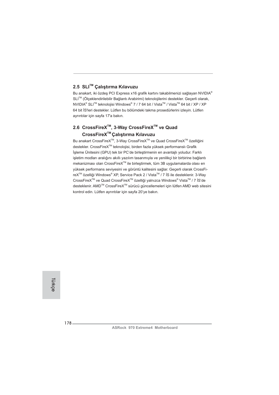 5 sli, Çalıştırma kılavuzu, 6 crossfirex | Way crossfirex, Ve quad crossfirex, Türkçe | ASRock 970 Extreme4 User Manual | Page 178 / 283