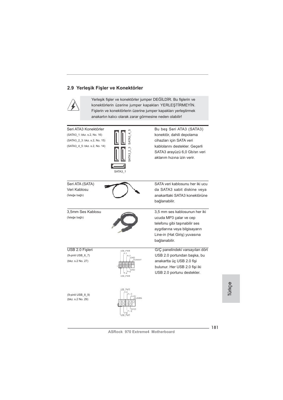 9 yerleşik fişler ve konektörler, Türkçe | ASRock 970 Extreme4 User Manual | Page 181 / 283