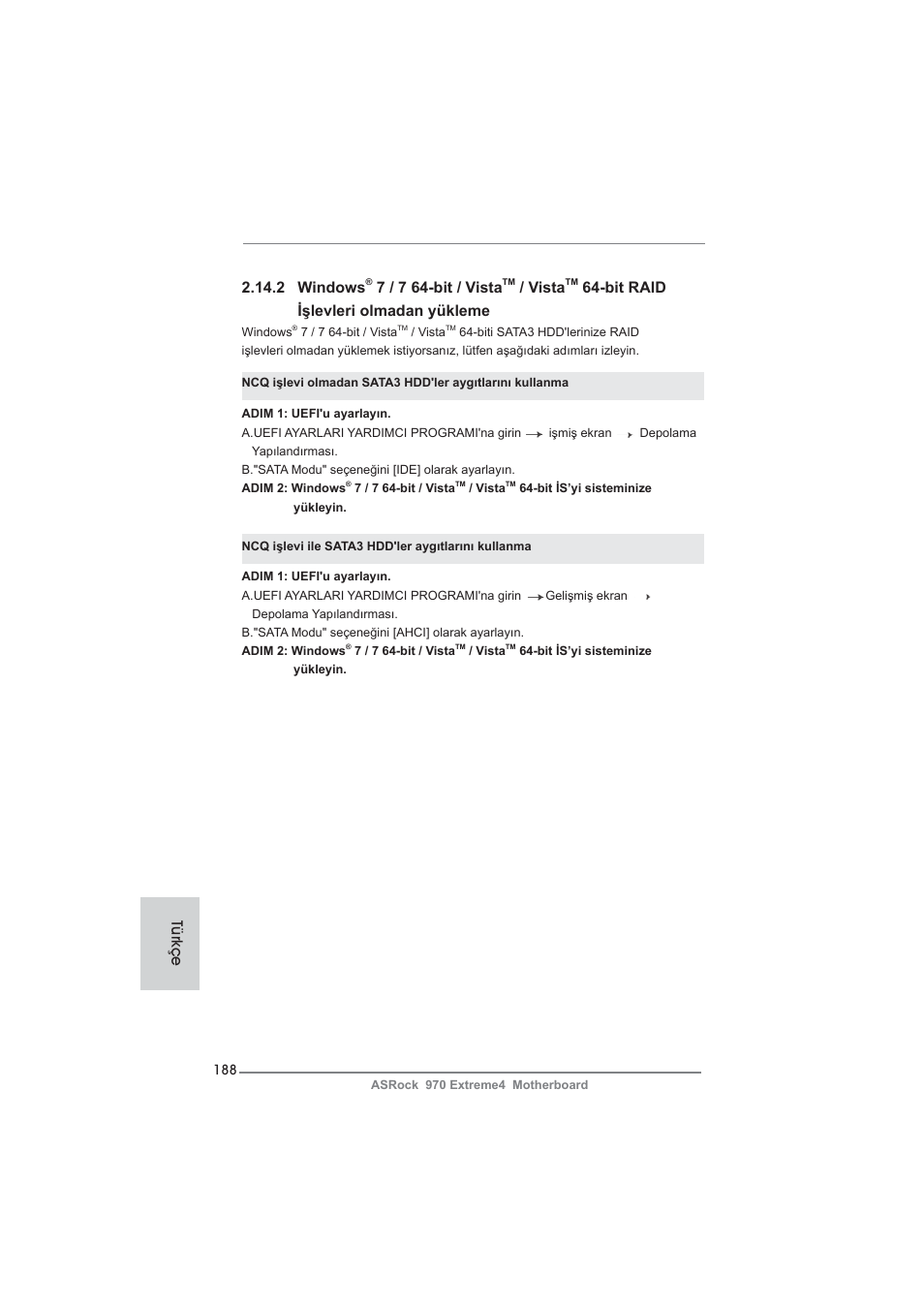 2 windows, 7 / 7 64-bit / vista, Vista | Bit raid işlevleri olmadan yükleme, Türkçe | ASRock 970 Extreme4 User Manual | Page 188 / 283