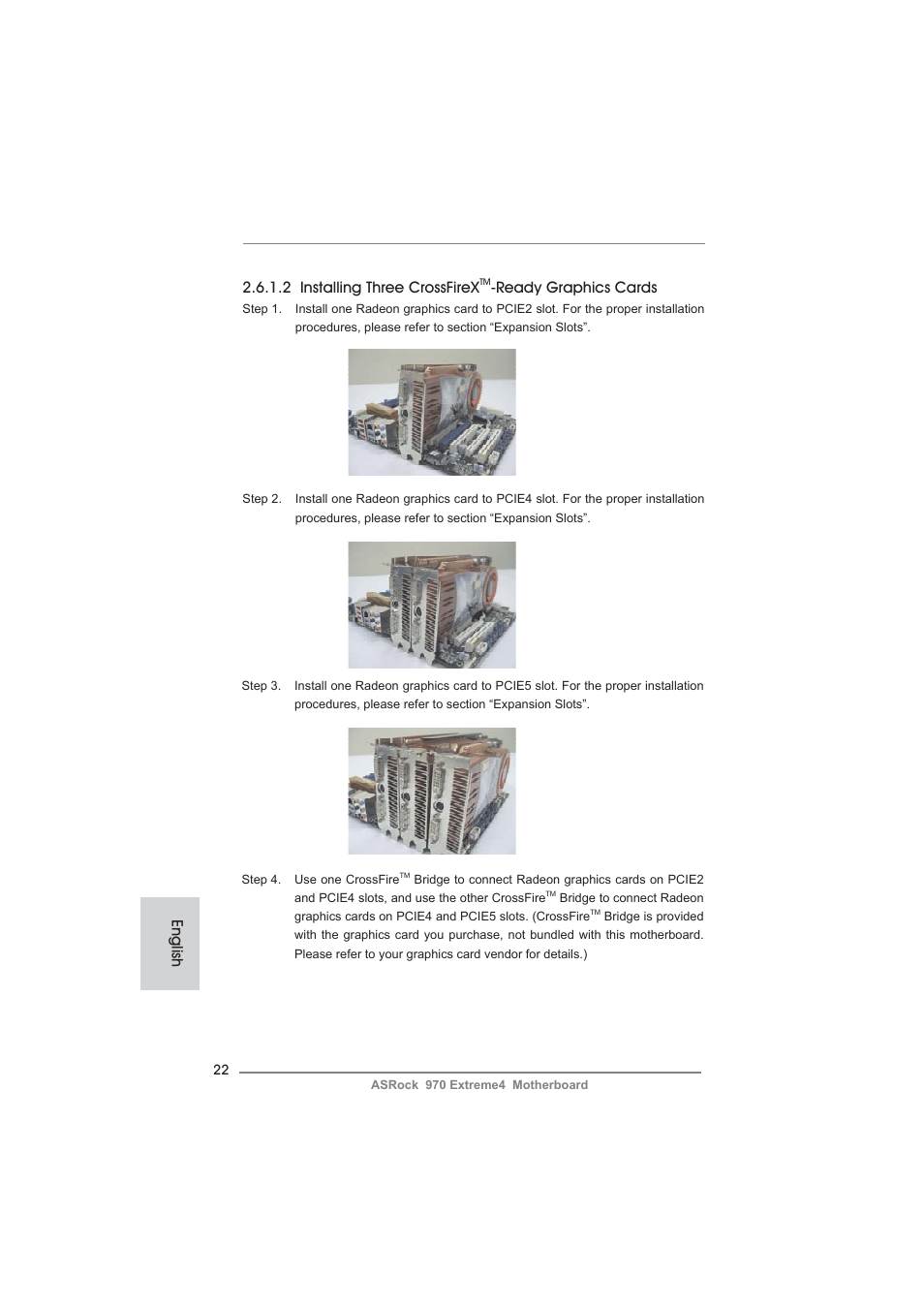2 installing three crossfirex, Ready graphics cards, English | ASRock 970 Extreme4 User Manual | Page 22 / 283