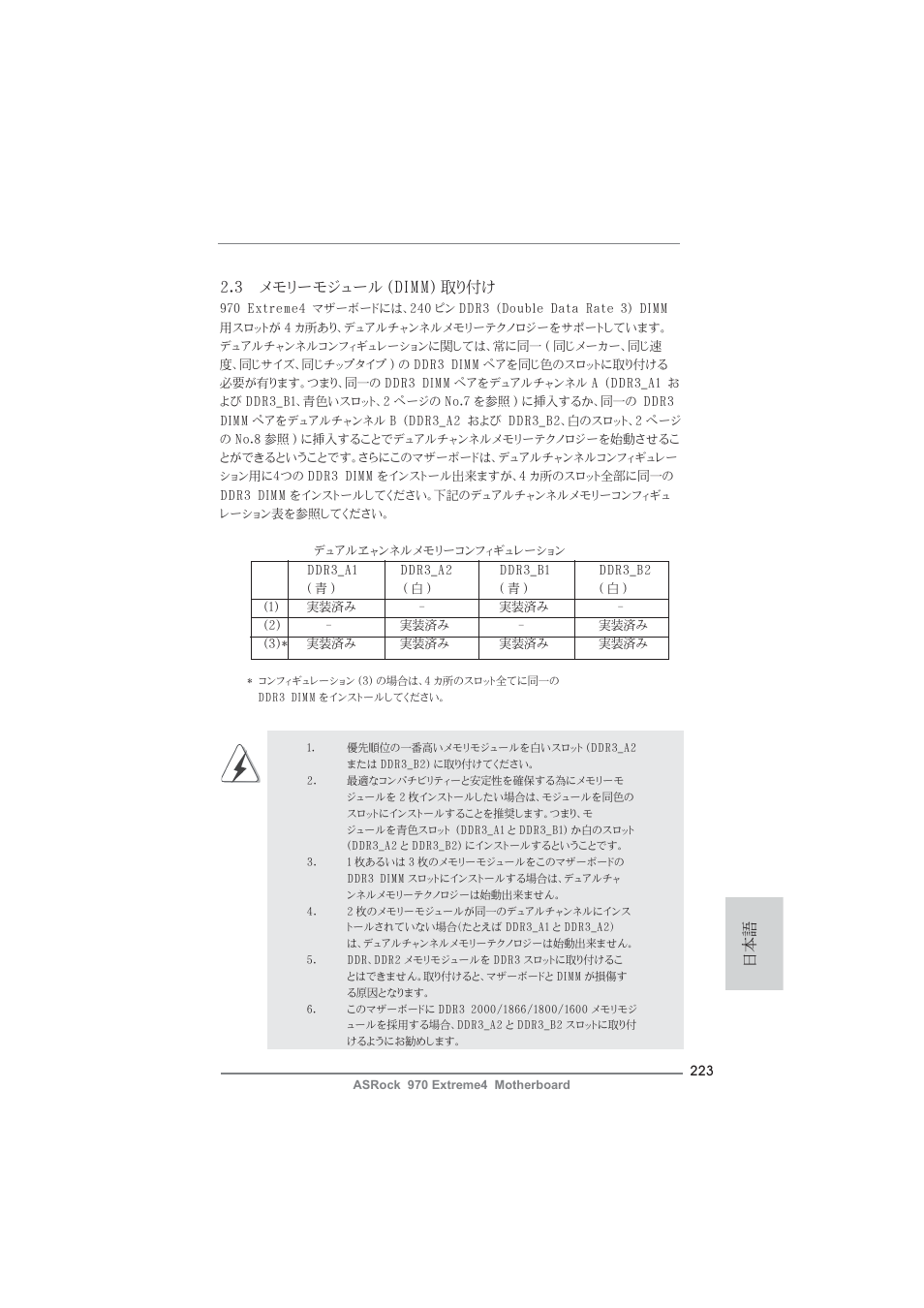 3 メモリーモジュール (dimm) 取り付け | ASRock 970 Extreme4 User Manual | Page 223 / 283