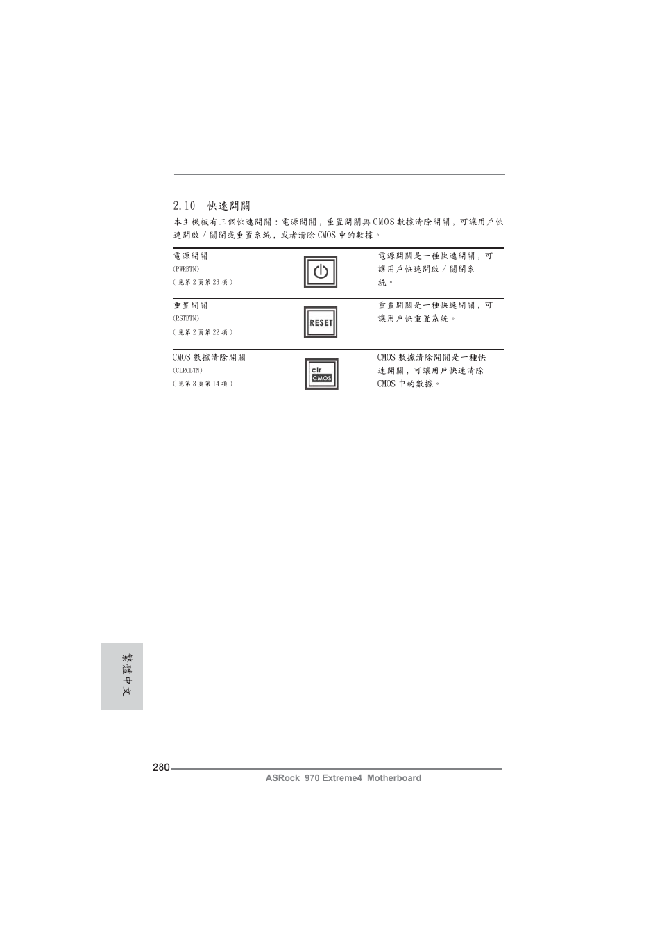 10 快速開關, 繁體中文 | ASRock 970 Extreme4 User Manual | Page 280 / 283