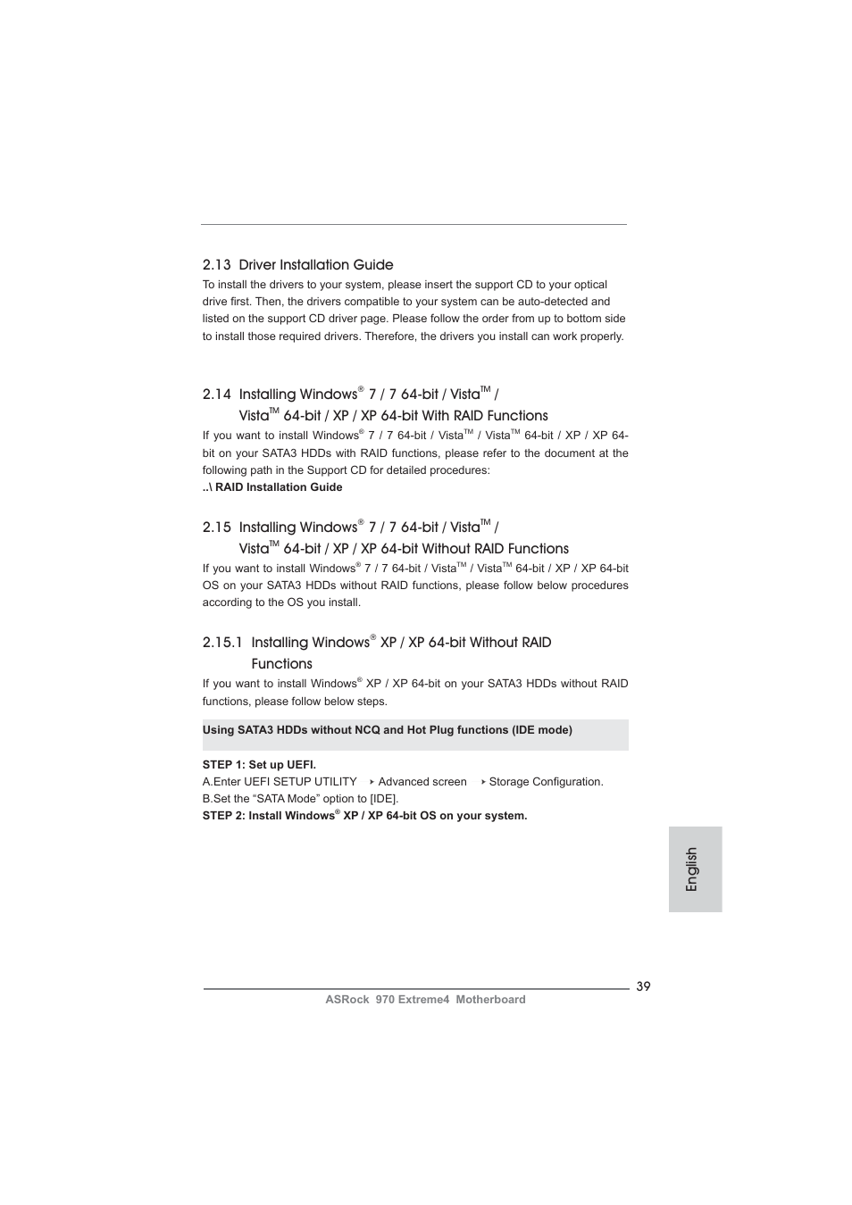 13 driver installation guide, 14 installing windows, 7 / 7 64-bit / vista | Vista, Bit / xp / xp 64-bit with raid functions, 15 installing windows, Bit / xp / xp 64-bit without raid functions, 1 installing windows, Xp / xp 64-bit without raid functions, English | ASRock 970 Extreme4 User Manual | Page 39 / 283